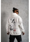 Erkek 3 İplik Pamuklu Kapüşonlu Baskılı Cepli Oversize Sweatshirt Hoodie - Beyaz