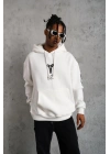 Erkek 3 İplik Pamuklu Kapüşonlu Baskılı Cepli Oversize Sweatshirt Hoodie - Beyaz