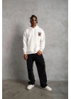 Erkek 3 İplik Pamuklu Kapüşonlu Baskılı Cepli Oversize Sweatshirt Hoodie - Beyaz