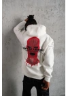 Erkek 3 İplik Pamuklu Kapüşonlu Baskılı Cepli Oversize Sweatshirt Hoodie - Beyaz