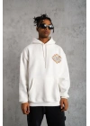 Erkek 3 İplik Pamuklu Kapüşonlu Baskılı Cepli Oversize Sweatshirt Hoodie - Beyaz