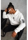 Erkek 3 İplik Pamuklu Kapüşonlu Baskılı Cepli Oversize Sweatshirt Hoodie - Beyaz