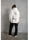 Erkek 3 İplik Pamuklu Kapüşonlu Baskılı Cepli Oversize Sweatshirt Hoodie - Beyaz