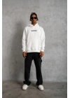 Erkek 3 İplik Pamuklu Kapüşonlu Baskılı Cepli Oversize Sweatshirt Hoodie - Beyaz