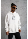 Erkek 3 İplik Pamuklu Kapüşonlu Baskılı Cepli Oversize Sweatshirt Hoodie - Beyaz