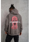 Erkek 3 İplik Pamuklu Kapüşonlu Baskılı Cepli Oversize Sweatshirt Hoodie - Gri