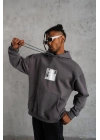 Erkek 3 İplik Pamuklu Kapüşonlu Baskılı Cepli Oversize Sweatshirt Hoodie - Gri