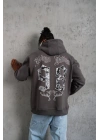 Erkek 3 İplik Pamuklu Kapüşonlu Baskılı Cepli Oversize Sweatshirt Hoodie - Gri