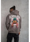 Erkek 3 İplik Pamuklu Kapüşonlu Baskılı Cepli Oversize Sweatshirt Hoodie - Gri