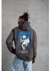 Erkek 3 İplik Pamuklu Kapüşonlu Baskılı Cepli Oversize Sweatshirt Hoodie - Gri