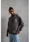 Erkek 3 İplik Pamuklu Kapüşonlu Baskılı Cepli Oversize Sweatshirt Hoodie - Gri