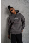 Erkek 3 İplik Pamuklu Kapüşonlu Baskılı Cepli Oversize Sweatshirt Hoodie - Gri