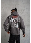Erkek 3 İplik Pamuklu Kapüşonlu Baskılı Cepli Oversize Sweatshirt Hoodie - Gri