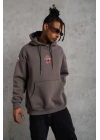 Erkek 3 İplik Pamuklu Kapüşonlu Baskılı Cepli Oversize Sweatshirt Hoodie - Gri