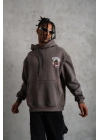 Erkek 3 İplik Pamuklu Kapüşonlu Baskılı Cepli Oversize Sweatshirt Hoodie - Gri