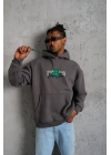 Erkek 3 İplik Pamuklu Kapüşonlu Baskılı Cepli Oversize Sweatshirt Hoodie - Gri