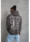 Erkek 3 İplik Pamuklu Kapüşonlu Baskılı Cepli Oversize Sweatshirt Hoodie - Gri
