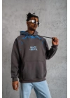 Erkek 3 İplik Pamuklu Kapüşonlu Baskılı Cepli Oversize Sweatshirt Hoodie - Gri