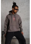 Erkek 3 İplik Pamuklu Kapüşonlu Baskılı Cepli Oversize Sweatshirt Hoodie - Gri