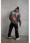 Erkek 3 İplik Pamuklu Kapüşonlu Baskılı Cepli Oversize Sweatshirt Hoodie - Gri