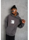 Erkek 3 İplik Pamuklu Kapüşonlu Baskılı Cepli Oversize Sweatshirt Hoodie - Gri