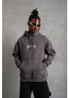Erkek 3 İplik Pamuklu Kapüşonlu Baskılı Cepli Oversize Sweatshirt Hoodie - Gri
