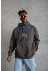 Erkek 3 İplik Pamuklu Kapüşonlu Baskılı Cepli Oversize Sweatshirt Hoodie - Gri
