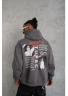 Erkek 3 İplik Pamuklu Kapüşonlu Baskılı Cepli Oversize Sweatshirt Hoodie - Gri