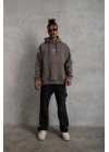 Erkek 3 İplik Pamuklu Kapüşonlu Baskılı Cepli Oversize Sweatshirt Hoodie - Gri