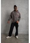 Erkek 3 İplik Pamuklu Kapüşonlu Baskılı Cepli Oversize Sweatshirt Hoodie - Gri