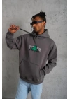 Erkek 3 İplik Pamuklu Kapüşonlu Baskılı Cepli Oversize Sweatshirt Hoodie - Gri