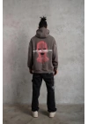 Erkek 3 İplik Pamuklu Kapüşonlu Baskılı Cepli Oversize Sweatshirt Hoodie - Gri