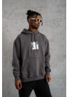 Erkek 3 İplik Pamuklu Kapüşonlu Baskılı Cepli Oversize Sweatshirt Hoodie - Gri