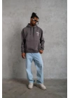 Erkek 3 İplik Pamuklu Kapüşonlu Baskılı Cepli Oversize Sweatshirt Hoodie - Gri