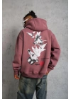 Erkek 3 İplik Pamuklu Kapüşonlu Baskılı Cepli Oversize Sweatshirt Hoodie - Gül Kurusu