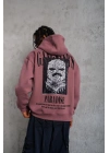 Erkek 3 İplik Pamuklu Kapüşonlu Baskılı Cepli Oversize Sweatshirt Hoodie - Gül Kurusu