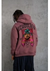 Erkek 3 İplik Pamuklu Kapüşonlu Baskılı Cepli Oversize Sweatshirt Hoodie - Gül Kurusu