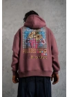 Erkek 3 İplik Pamuklu Kapüşonlu Baskılı Cepli Oversize Sweatshirt Hoodie - Gül Kurusu