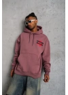 Erkek 3 İplik Pamuklu Kapüşonlu Baskılı Cepli Oversize Sweatshirt Hoodie - Gül Kurusu