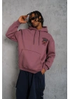 Erkek 3 İplik Pamuklu Kapüşonlu Baskılı Cepli Oversize Sweatshirt Hoodie - Gül Kurusu