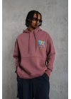 Erkek 3 İplik Pamuklu Kapüşonlu Baskılı Cepli Oversize Sweatshirt Hoodie - Gül Kurusu