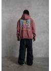 Erkek 3 İplik Pamuklu Kapüşonlu Baskılı Cepli Oversize Sweatshirt Hoodie - Gül Kurusu