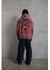 Erkek 3 İplik Pamuklu Kapüşonlu Baskılı Cepli Oversize Sweatshirt Hoodie - Gül Kurusu