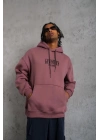 Erkek 3 İplik Pamuklu Kapüşonlu Baskılı Cepli Oversize Sweatshirt Hoodie - Gül Kurusu