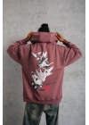 Erkek 3 İplik Pamuklu Kapüşonlu Baskılı Cepli Oversize Sweatshirt Hoodie - Gül Kurusu