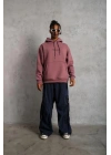 Erkek 3 İplik Pamuklu Kapüşonlu Baskılı Cepli Oversize Sweatshirt Hoodie - Gül Kurusu