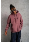 Erkek 3 İplik Pamuklu Kapüşonlu Baskılı Cepli Oversize Sweatshirt Hoodie - Gül Kurusu
