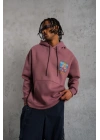 Erkek 3 İplik Pamuklu Kapüşonlu Baskılı Cepli Oversize Sweatshirt Hoodie - Gül Kurusu