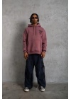 Erkek 3 İplik Pamuklu Kapüşonlu Baskılı Cepli Oversize Sweatshirt Hoodie - Gül Kurusu