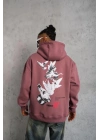 Erkek 3 İplik Pamuklu Kapüşonlu Baskılı Cepli Oversize Sweatshirt Hoodie - Gül Kurusu